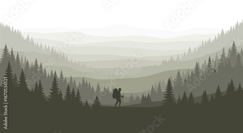 Silhouette of a hiker in a misty forest landscape with layered mountain views, ideal for adventure and outdoor themed designs