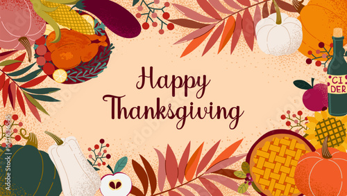 Horizontal poster, banner with a composition of pumpkins, fried turkey, pie, cider, leaves, berries. Concept of thanksgiving, harvest festival. Watercolor and grainy textures.