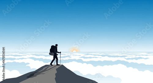 Silhouette of a hiker on mountain peak above clouds towards the sunrise landscape illustration graphic design, success and motivation concept