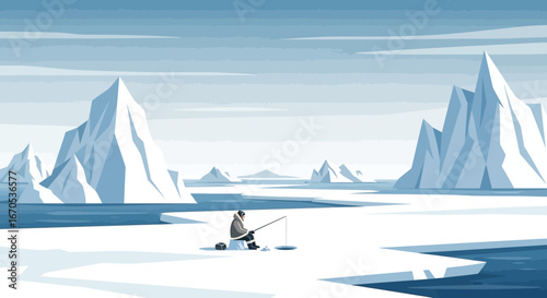 Solitary ice fishing adventure in the arctic wilderness under pale skies with icebergs