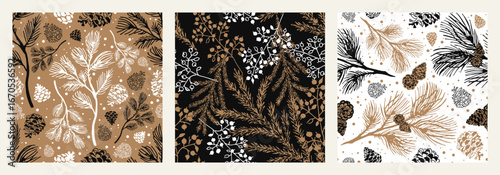 A set of winter seamless patterns with pine branches, Christmas tree branches, cones, forest berries. Black, gold and white.