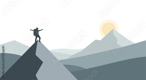 Silhouette of a hiker reaching the mountain top with arms raised in celebration