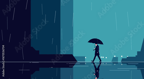 Solitary Stroll In The City On A Rainy Evening With Umbrella