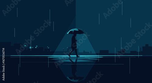 Solitary Stroll Through Rainy City Night With Reflections And Dark Shades