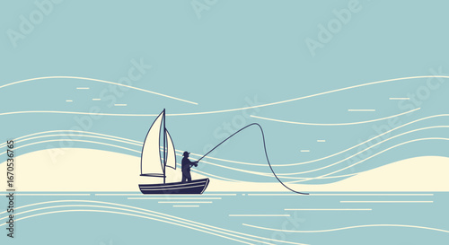 Silhouette of a man fishing from a sailboat on the ocean waters with a minimal vintage design creating a calming and peaceful scene