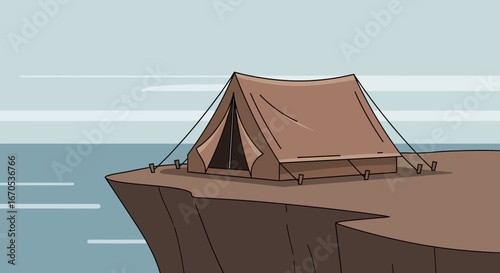 Solitary Tent On Cliff Overlooking Ocean View Adventure And Travel Theme