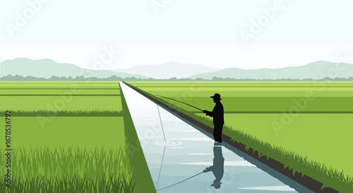 Silhouette of a man fishing in a canal surrounded by green rice fields, a tranquil rural scene, under a clear sky background