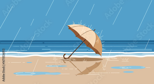 Solitary Umbrella On Sandy Shoreline In Coastal Rainstorm Graphic Depiction
