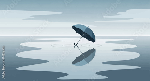 Solitary Umbrella Reflected On Calm Puddle Surface Under Cloudy Sky Scenery