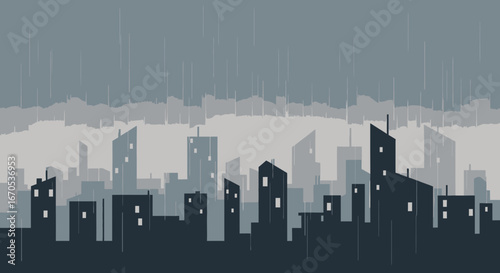 Silhouette Of A Rainy Cityscape With Dramatic Skies And Modern Buildings