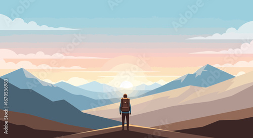 Solitude And Sunrise Hiker Against Mountain Range Scene in Flat Design