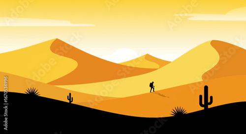 Silhouette of a traveler in a vast desert landscape at sunset offers a peaceful and adventurous journey