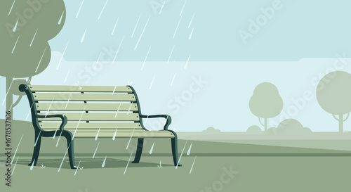 Solitude In Rain A Park Bench Under A Gentle Rainfall Peaceful Scene