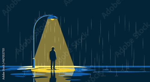 Solitude Underneath Lamplight Man Contemplating During A Rainy Weather Night