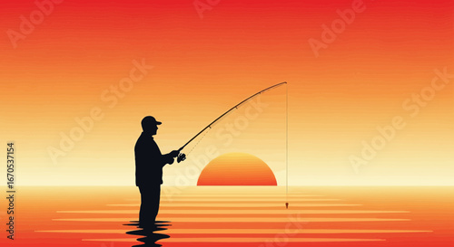 Silhouette Of Fisherman At Sunset Casting Into A Golden Hued Lake