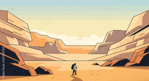 Solo Adventurer Exploring Dry Desert Canyon Landscape Under Pale Sky