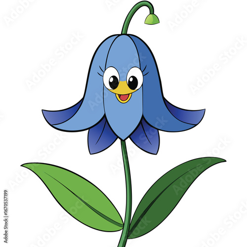 Cheerful Blue Bell Flower Character With Big Eyes And Smile On White Background bluebell cartoon