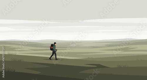 Solo Hiker In A Vast Landscape Exploring Nature And The Environment