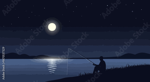 Silhouette of Fisherman Under the Moonlit Night Sky by the Tranquil Lake