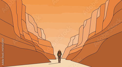 Solo traveler exploring a vast canyon landscape with towering rock formations showcasing adventure and solitude with a minimalist artistic style