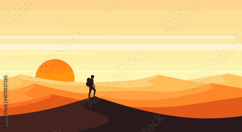 Silhouette of hiker in a desert landscape with rising sun and warm color palette scenery background flat design minimalistic illustration