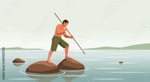 Spearfishing On Coastal Rocks Illustration Showing Early Hunter Lifestyle In Ocean