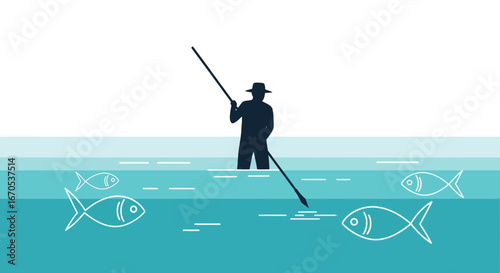 Spearfishing Adventure Silhouette In Tropical Water With Abundant Marine Life