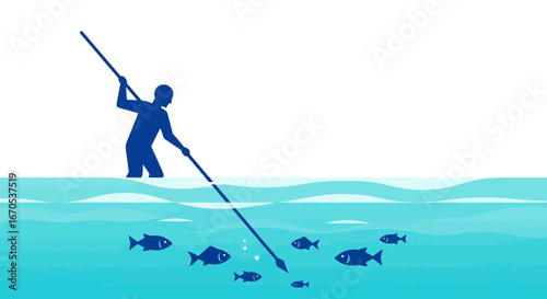 Spearfishing Man Silhouette Fishing At Sea With Spear In Wavy Water