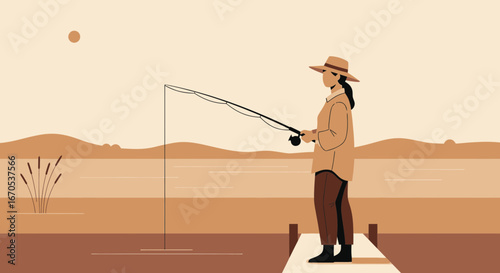 Silhouette Person Enjoying Leisurely Fishing On Calm Lake In Neutral Tones