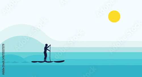 Silhouette Paddleboarding At Sunset With Mountain Backdrop Calm Scenery
