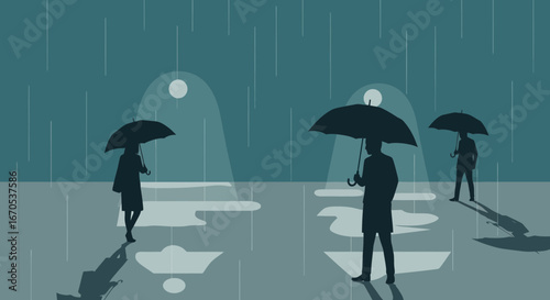 Silhouette People Walking With Umbrellas In The Rain Dark Moody Rainy Weather