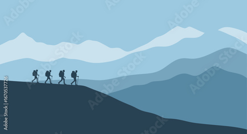 Silhouetted Hikers Ascending a Mountain Ridge In Minimalist Style Illustration