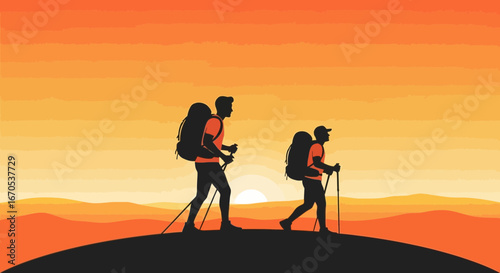 Silhouetted Hikers Explore Scenic Terrain Under Fiery Sunset Sky Backdrop
