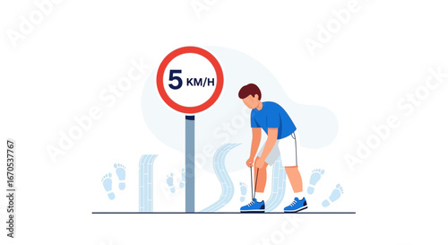 Speed Limit Awareness In Pedestrian Zone With Man Tying Shoelaces