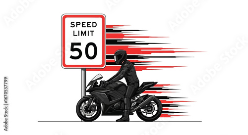 Speed Limit Enforcement Modern Biker Racing Past Fifty Miles Per Hour Sign