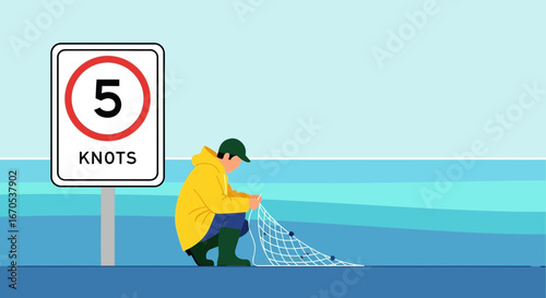 Speed Limit Near The Fisherfolk On Water Scene Vector Illustration