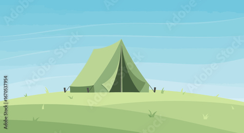 Simple Illustration Of A Green Tent On A Hill Under A Peaceful Blue Sky