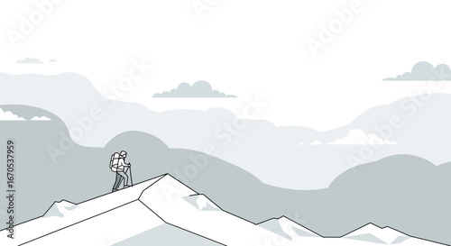 Simple Illustration of a Hiker Reaching a Mountain Peak in Black and White