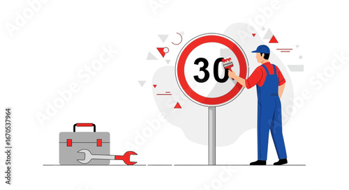 Speed Limit Sign Maintenance Man Painting With Tool Box Vector Illustration