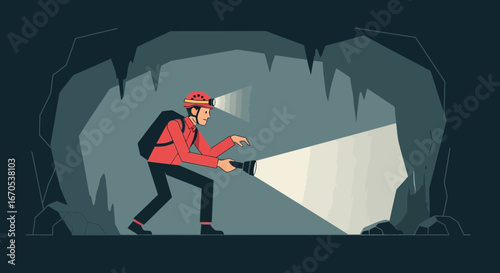 Speleologist Exploring Deep Cave With Helmet And Flashlight Adventure Tourism