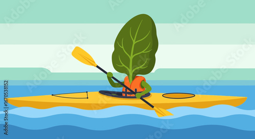 Spinach Character Kayaking Adventure Freshness And Healthy Lifestyle Illustration