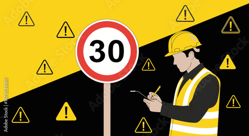 Site Safety Inspection By Worker With Speed Limit Sign And Warning Symbols