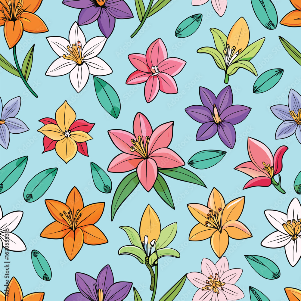 Fototapeta premium Colorful Lily Flower Pattern With Leaves On Light Blue Background floral seamless