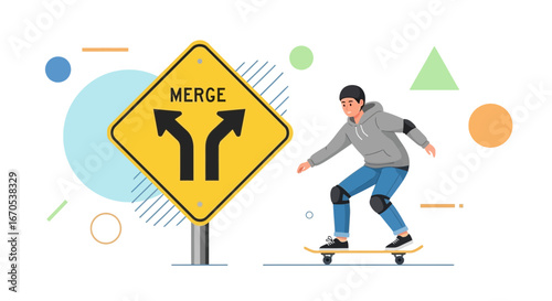 Skateboarder At a Crossroads Merging Paths on a Yellow Merge Sign Background