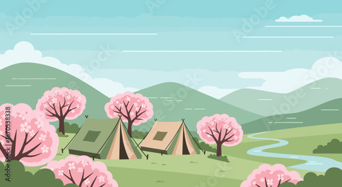 Spring Camping Adventure: A Serene Landscape with Tents and Cherry Blossoms in Full Bloom