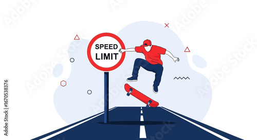 Skateboarder Defying Speed Limits With an Ollie on the Road Illustration