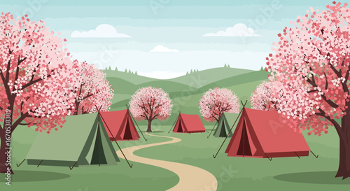 Spring Camping Retreat Among Blooming Cherry Trees In A Peaceful Landscape