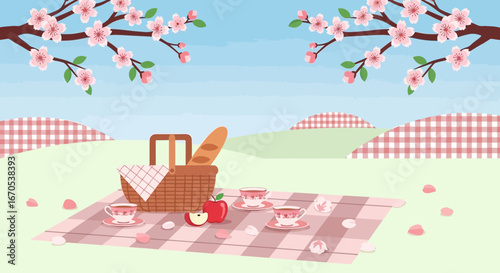 Spring Picnic Under Cherry Blossoms With Tea Time And Plaid Blanket