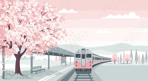 Springtime Journey Scenic Train Ride Through Cherry Blossom Landscape