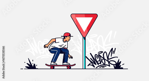 Skateboarder Gliding On The Street With Graffiti And Road Sign Illustration